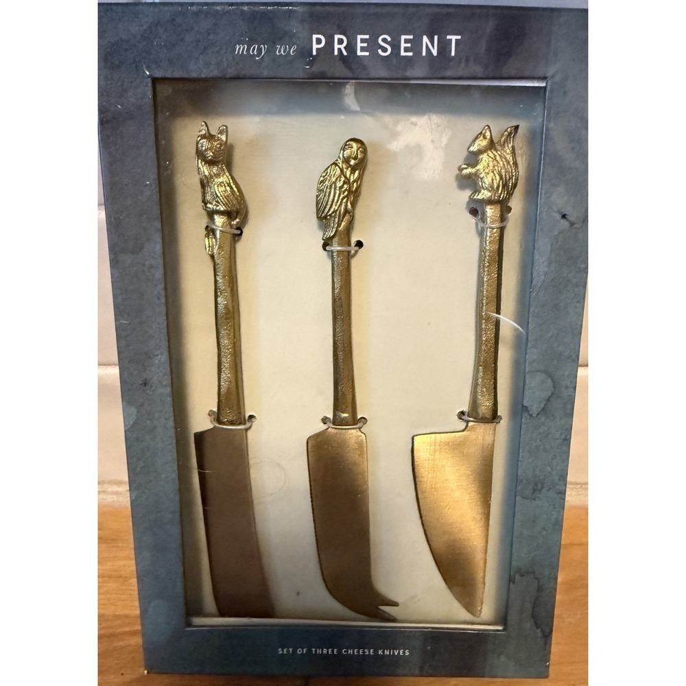 Anthropologie Lovis Woodland Brass Cheese Knives Serving Set Owl Fox Squirrel